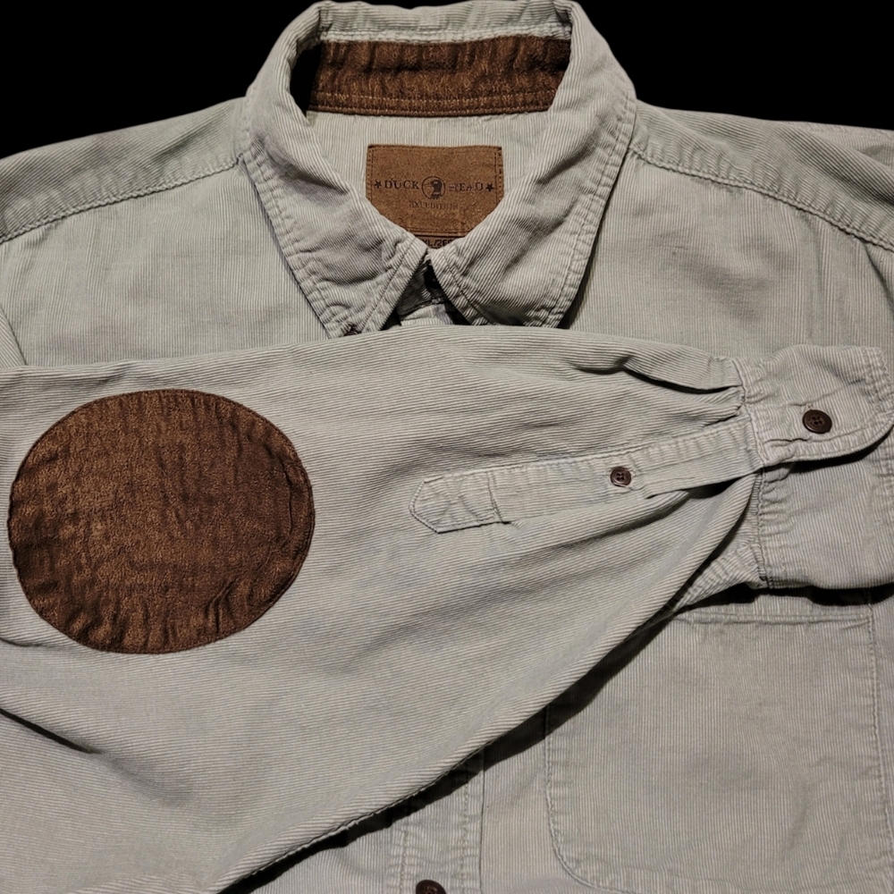 Duck Head Sage Green Corduroy Long Sleeve Button Shirt Suede Elbow Patches XXL - Picture 2 of 5